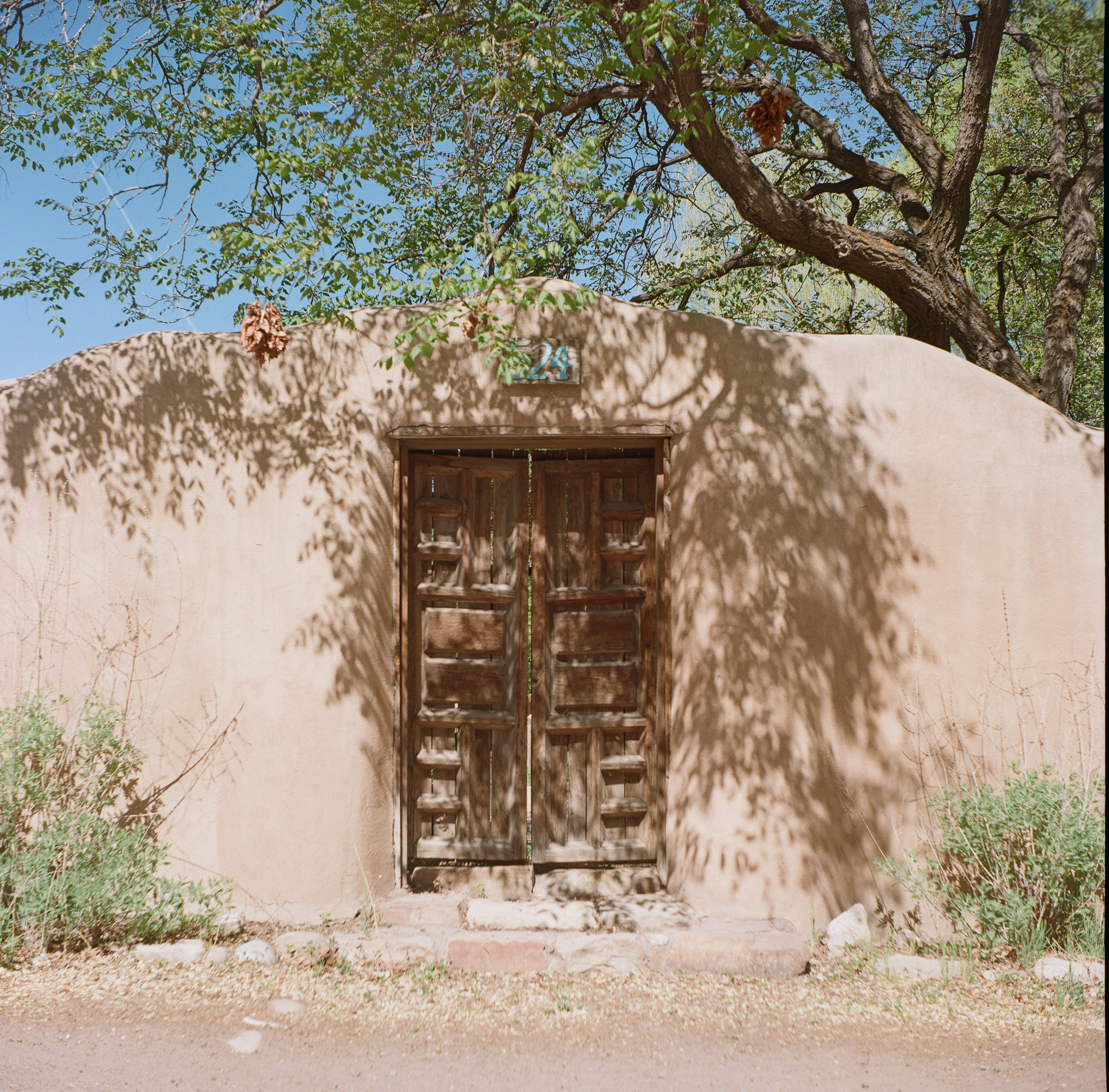 A wooden door in a pueblo wall