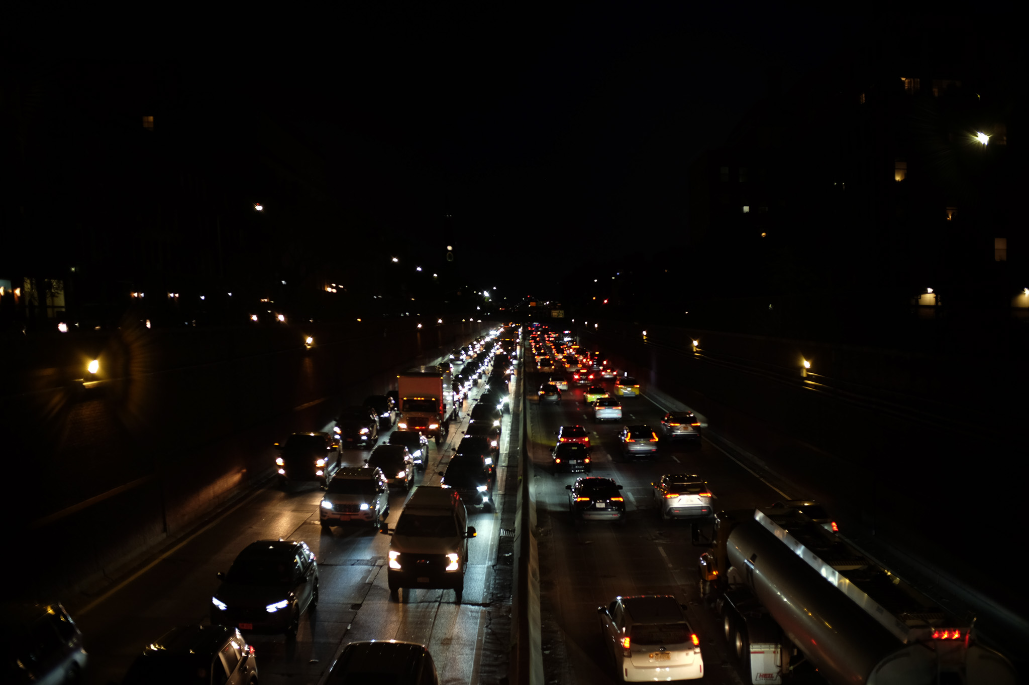 Dense traffic on the BQE at night.