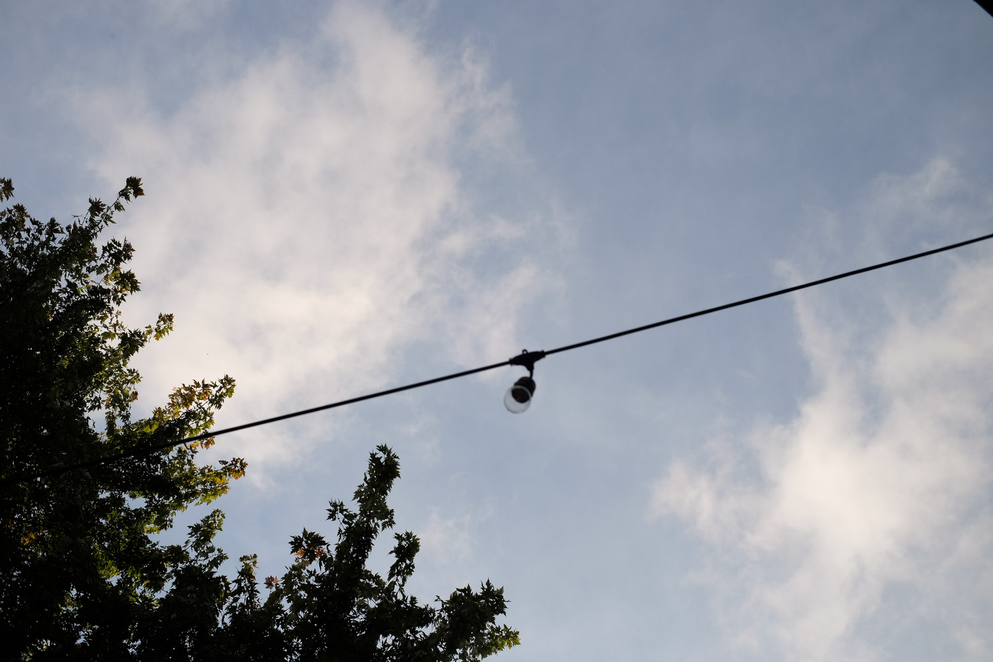 Cloudy sky above a hanging lightbulb and some trees